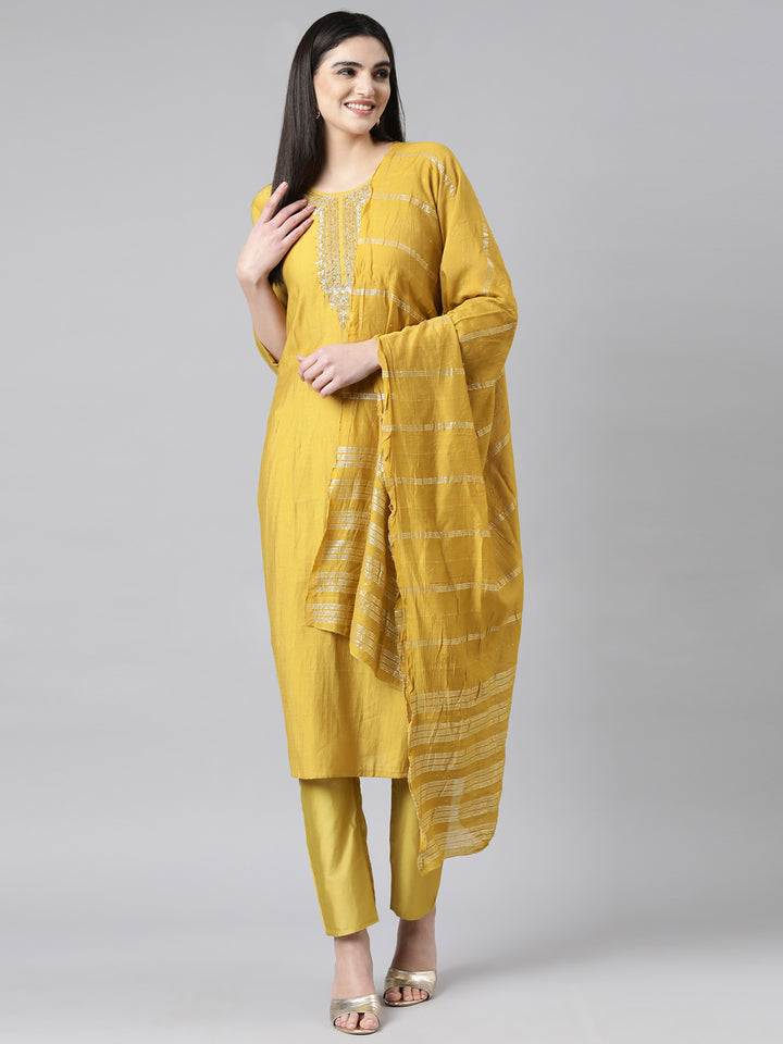 Neerus Yellow solid straight suit set with dupatta - detail view 2