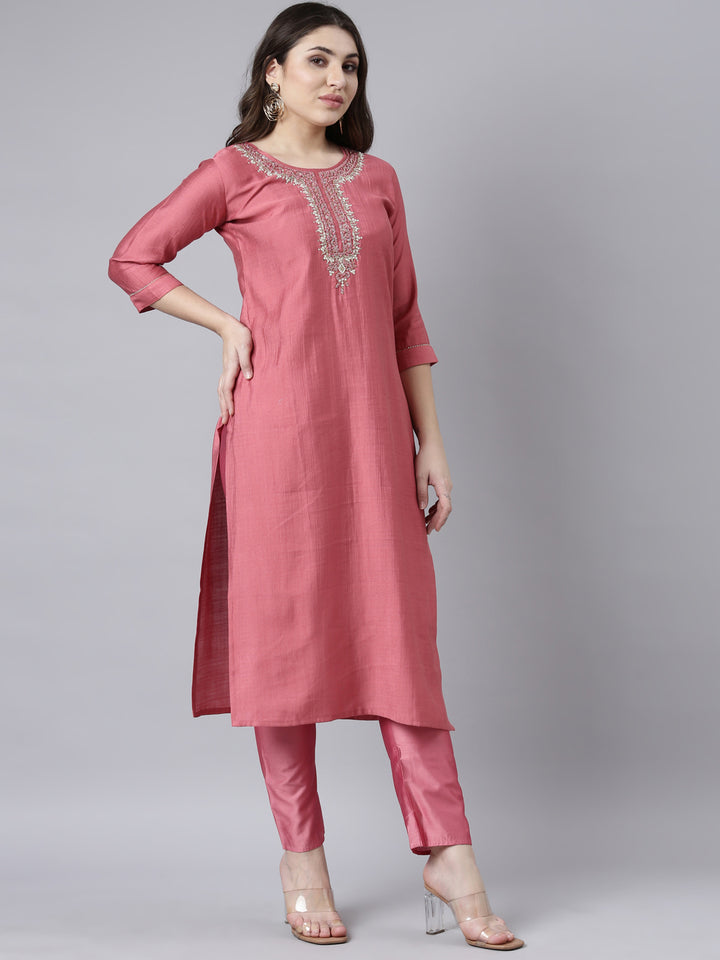 Neerus Pink Regular Straight Solid Kurta And Trousers With Dupatta