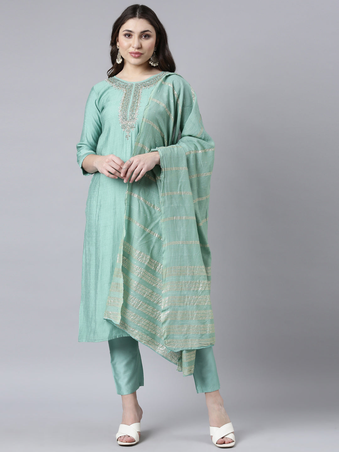Neerus Green solid straight suit set with dupatta - front view