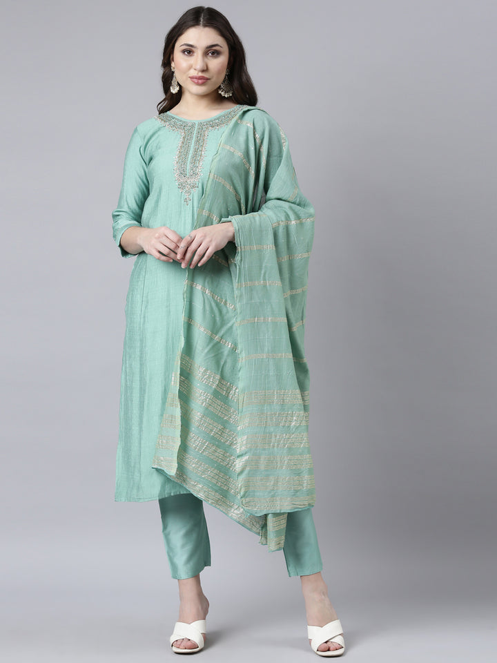 Neerus Green solid straight suit set with dupatta - front view