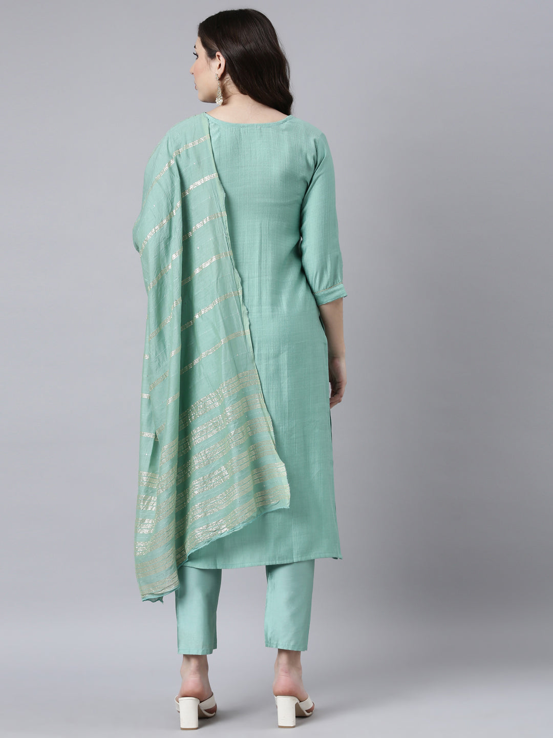 Neerus Sea Green Regular Straight Solid Kurta And Trousers With Dupatta