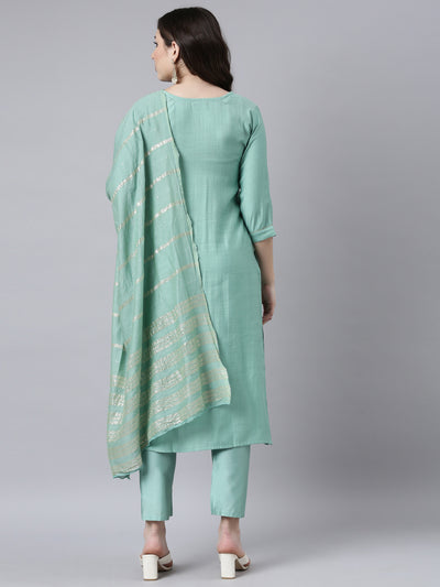 Neerus Sea Green Regular Straight Solid Kurta And Trousers With Dupatta