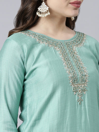 Neerus Sea Green Regular Straight Solid Kurta And Trousers With Dupatta