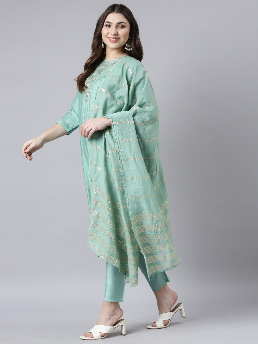 Neerus Sea Green Regular Straight Solid Kurta And Trousers With Dupatta