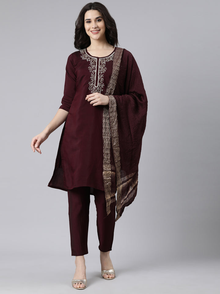 Neerus Purple solid straight kurta suit set - front view