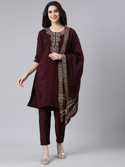 Neerus Purple Regular Straight Solid Kurta And  Trousers With Dupatta