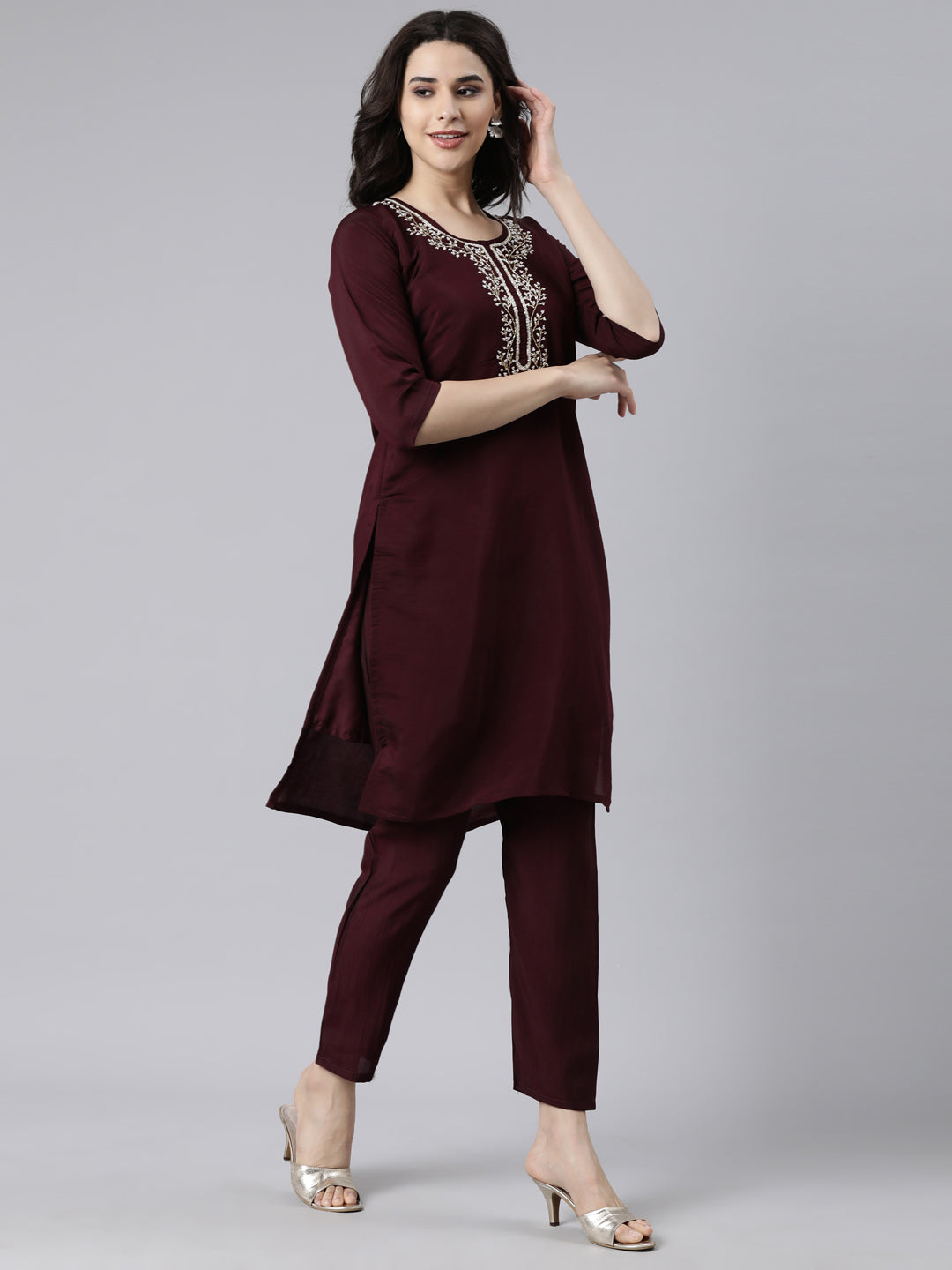 Neerus Purple solid straight kurta suit set - back view
