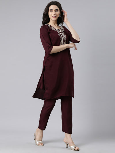 Neerus Purple Regular Straight Solid Kurta And  Trousers With Dupatta