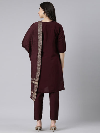 Neerus Purple Regular Straight Solid Kurta And  Trousers With Dupatta