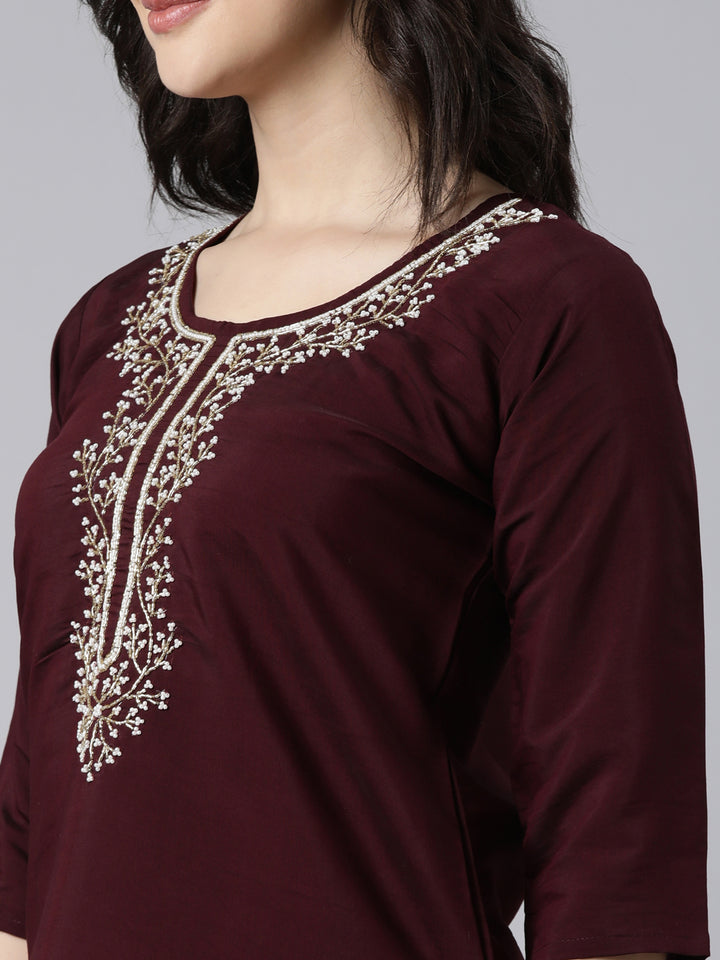 Neerus Purple solid straight kurta suit set - detail view 1