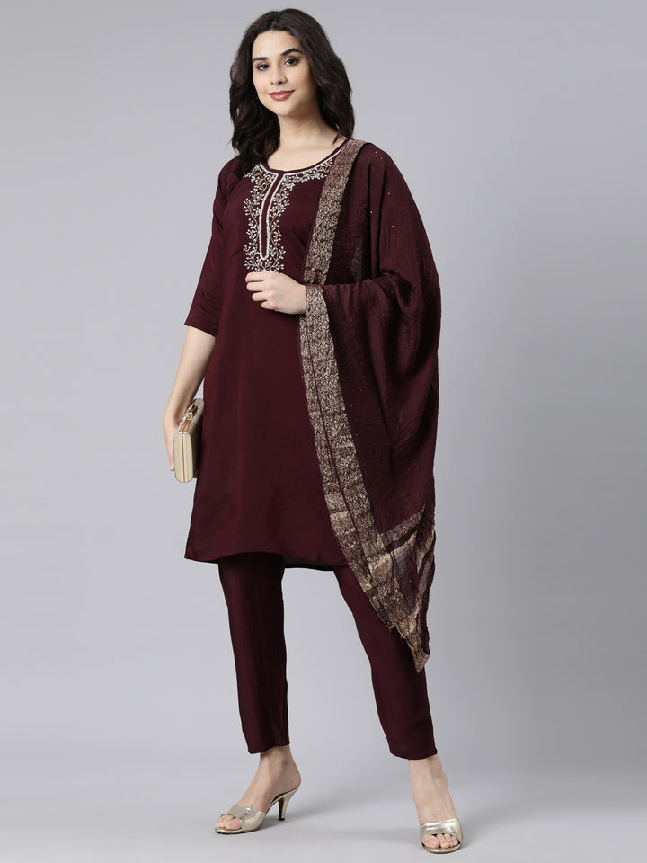 Neerus Purple solid straight kurta suit set - detail view 2