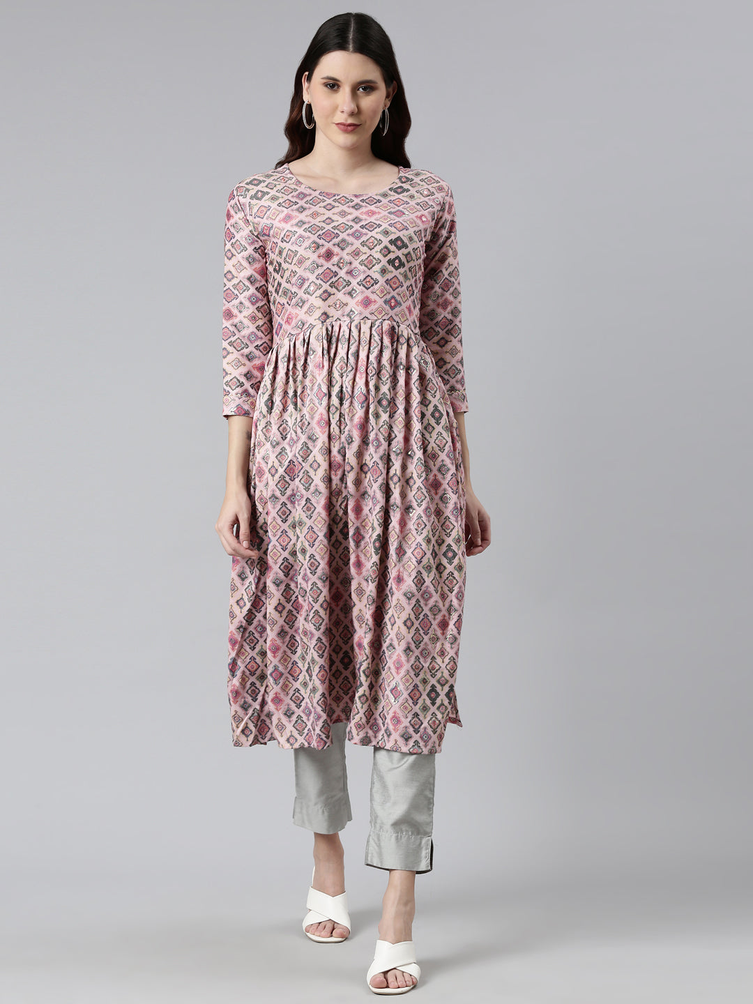 Neerus Pink rayon printed kurti - front view