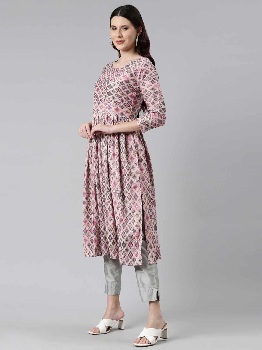Neerus Pink rayon printed kurti - back view