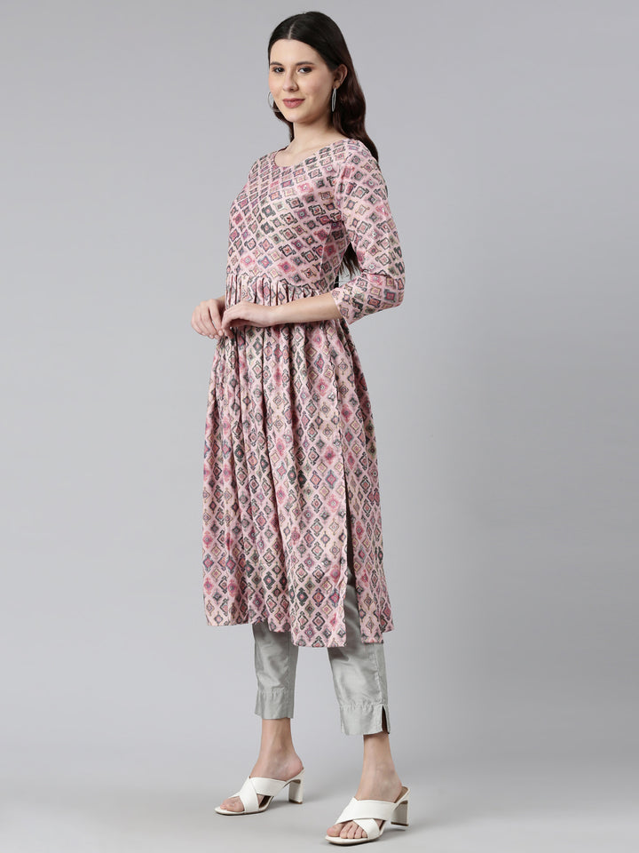 Neerus Pink rayon printed kurti - back view