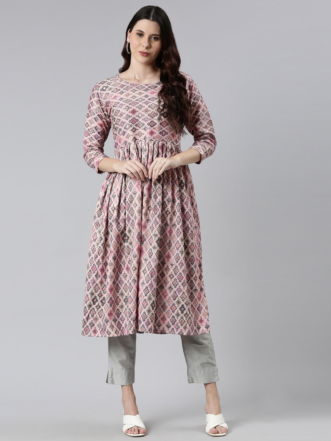 Neerus Pink rayon printed kurti - detail view 2