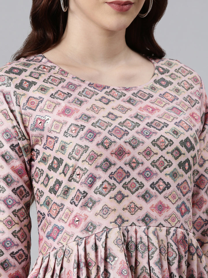 Neerus Pink rayon printed kurti - detail view 1