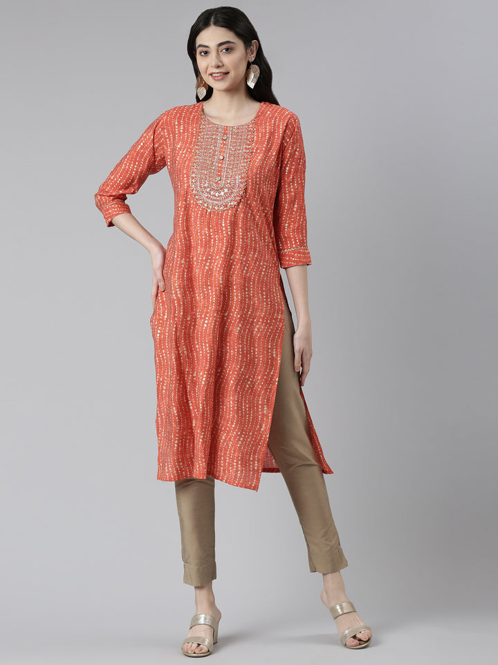Neerus Women Rust Printed Chanderi Silk Kurta