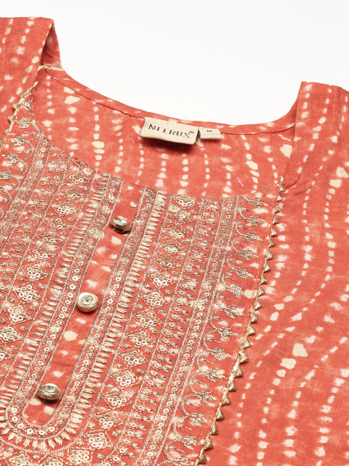 Neerus Women Rust Printed Chanderi Silk Kurta