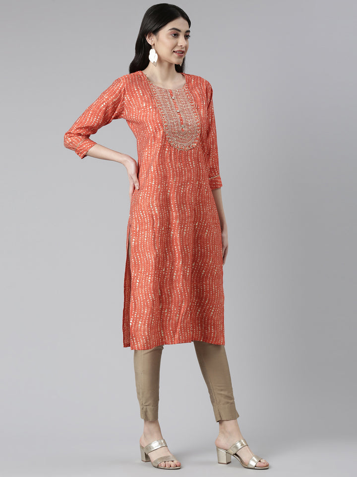 Neerus Women Rust Printed Chanderi Silk Kurta