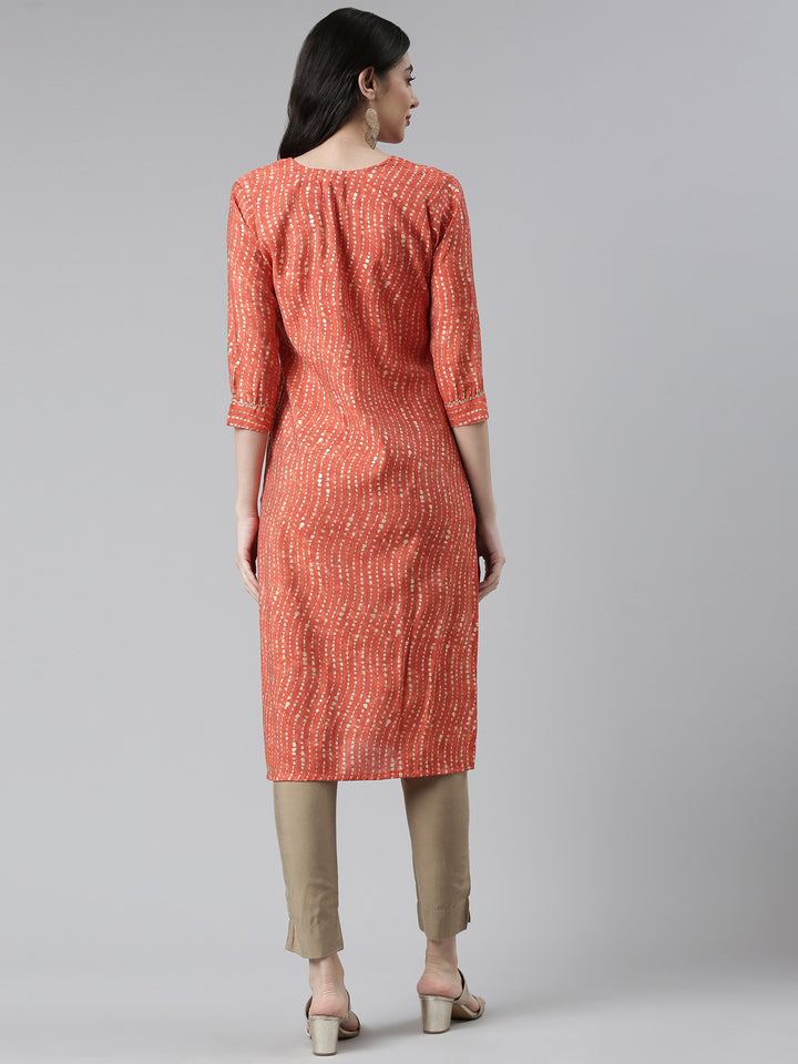 Neerus Women Rust Printed Chanderi Silk Kurta