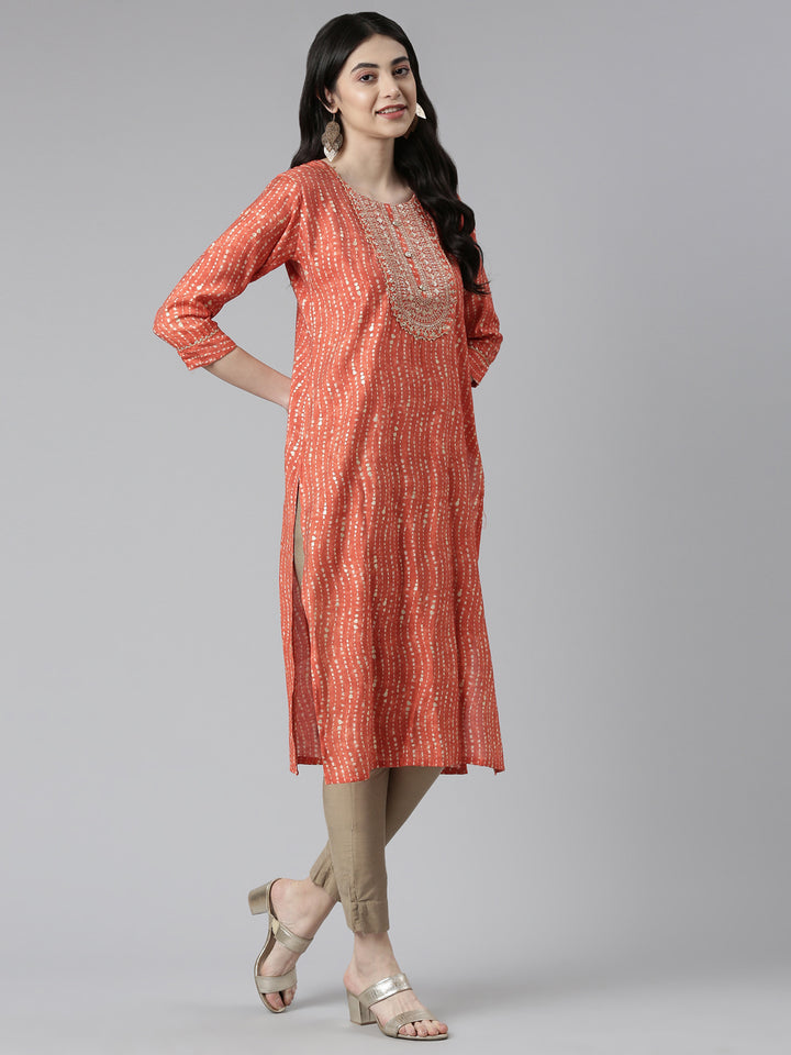 Neerus Women Rust Printed Chanderi Silk Kurta