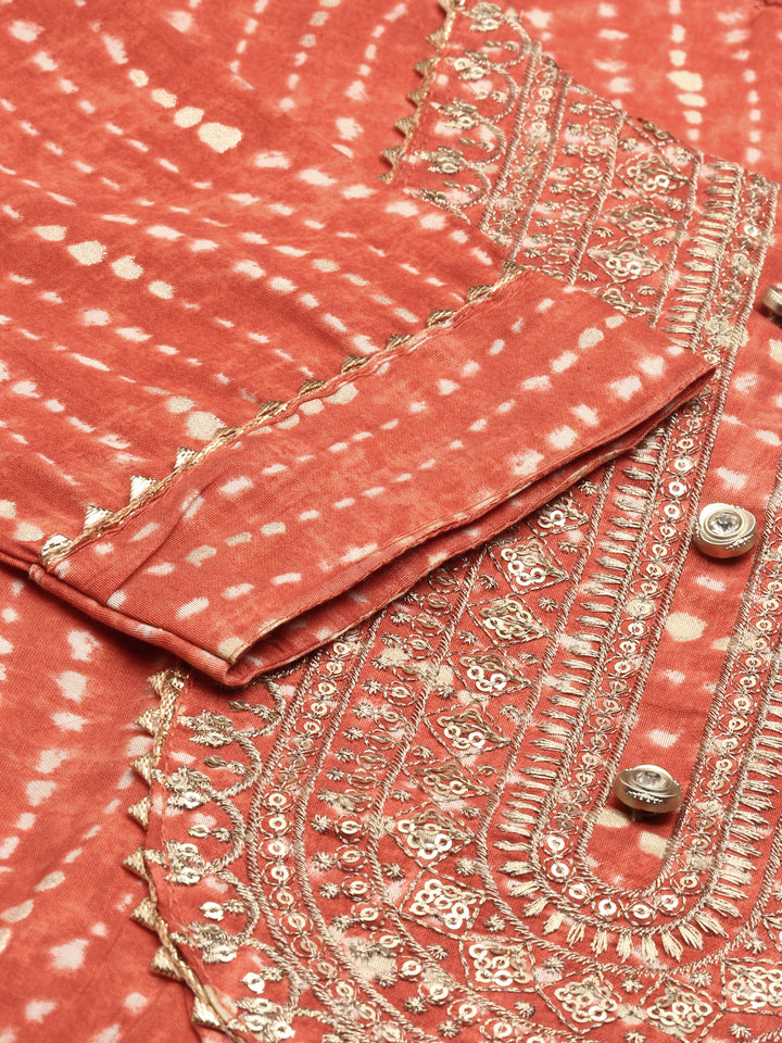 Neerus Women Rust Printed Chanderi Silk Kurta