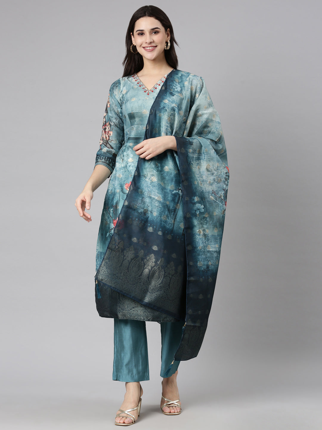 Neerus Green organza printed suit set - front view