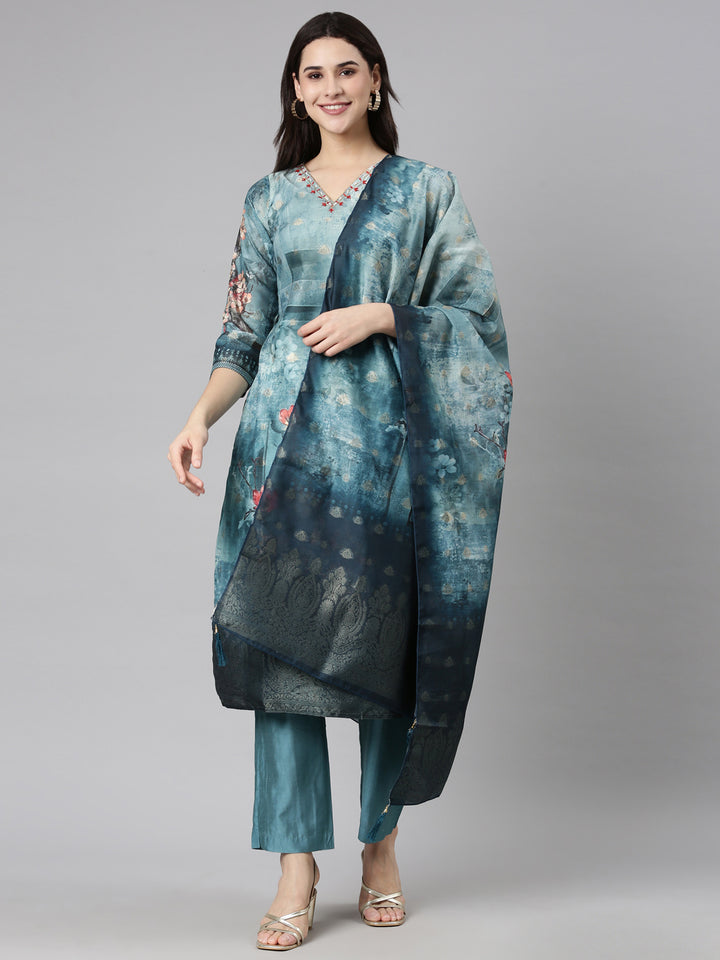 Neerus Green organza printed suit set - front view