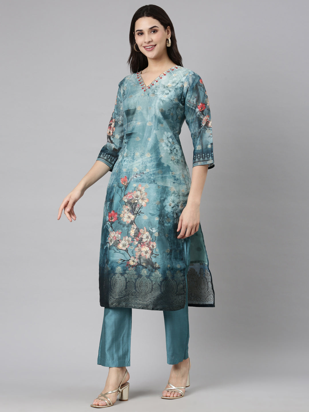 Neerus Green organza printed suit set - back view