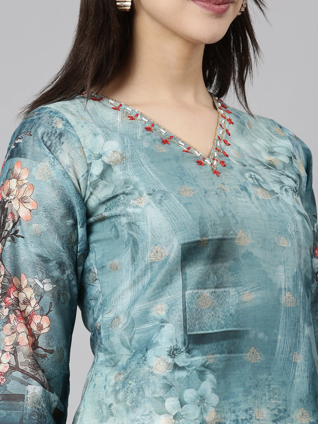 Neerus Green organza printed suit set - detail view 1