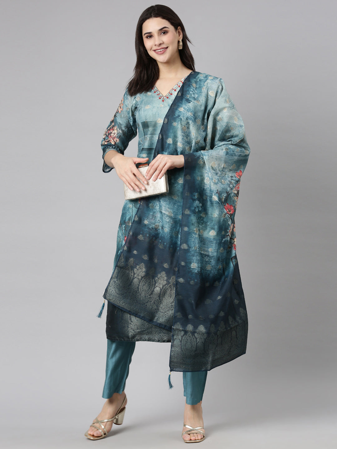 Neerus Green organza printed suit set - detail view 2