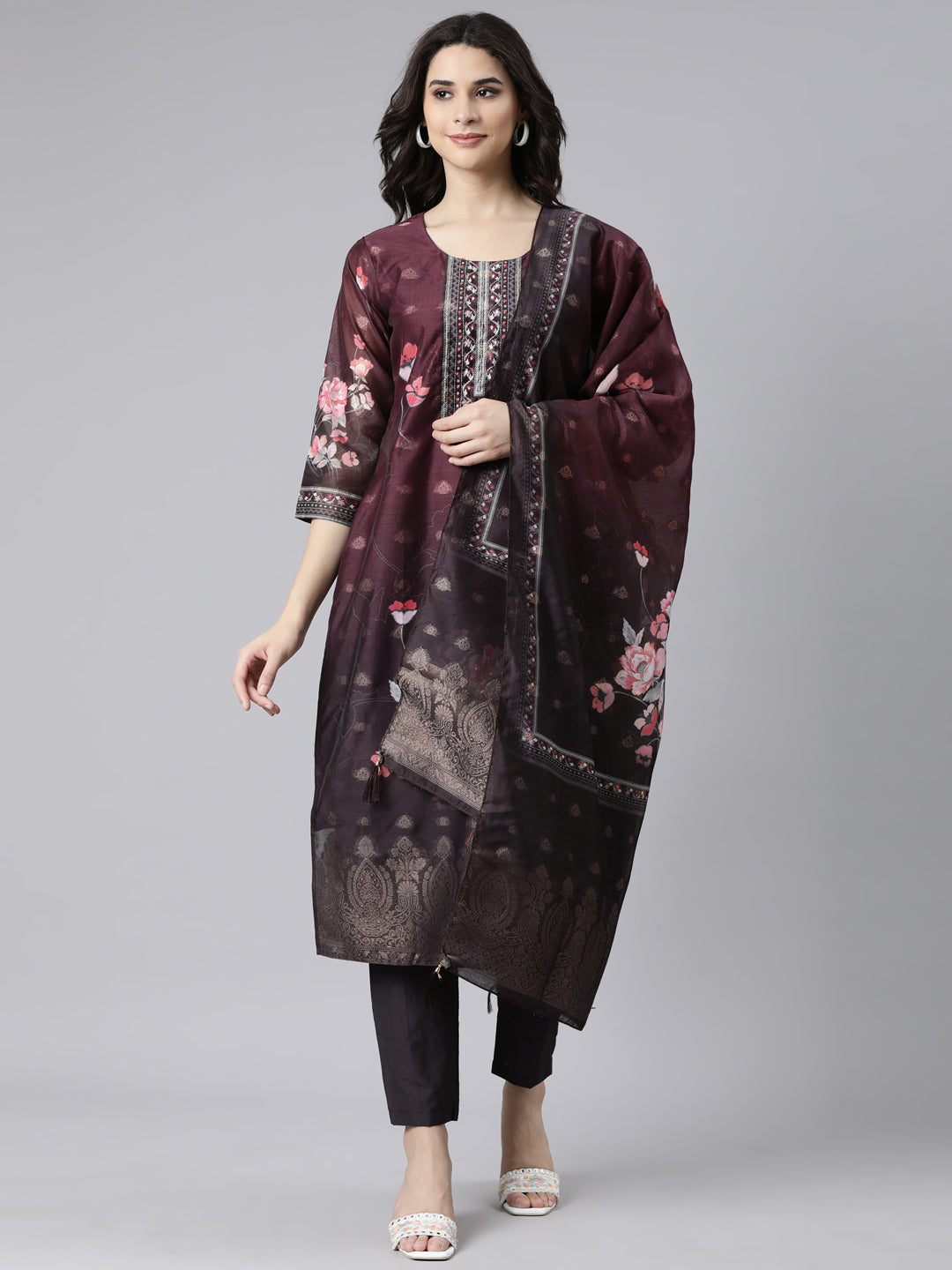 Neerus Purple Regular Straight Floral Kurta And  Trousers With Dupatta