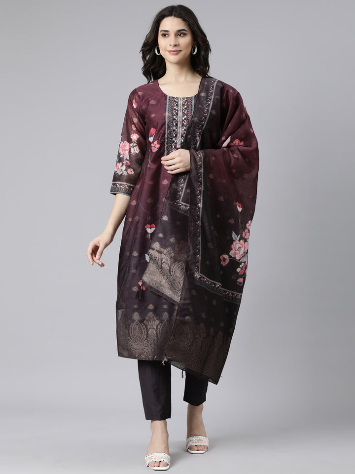 Neerus Purple Regular Straight Floral Kurta And  Trousers With Dupatta