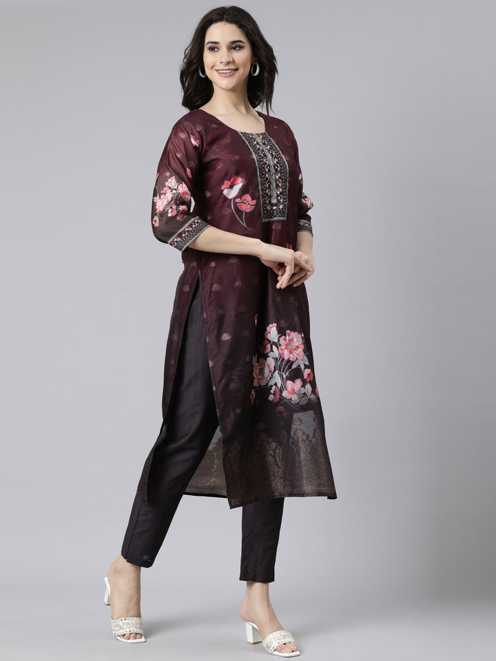 Neerus Purple Regular Straight Floral Kurta And  Trousers With Dupatta