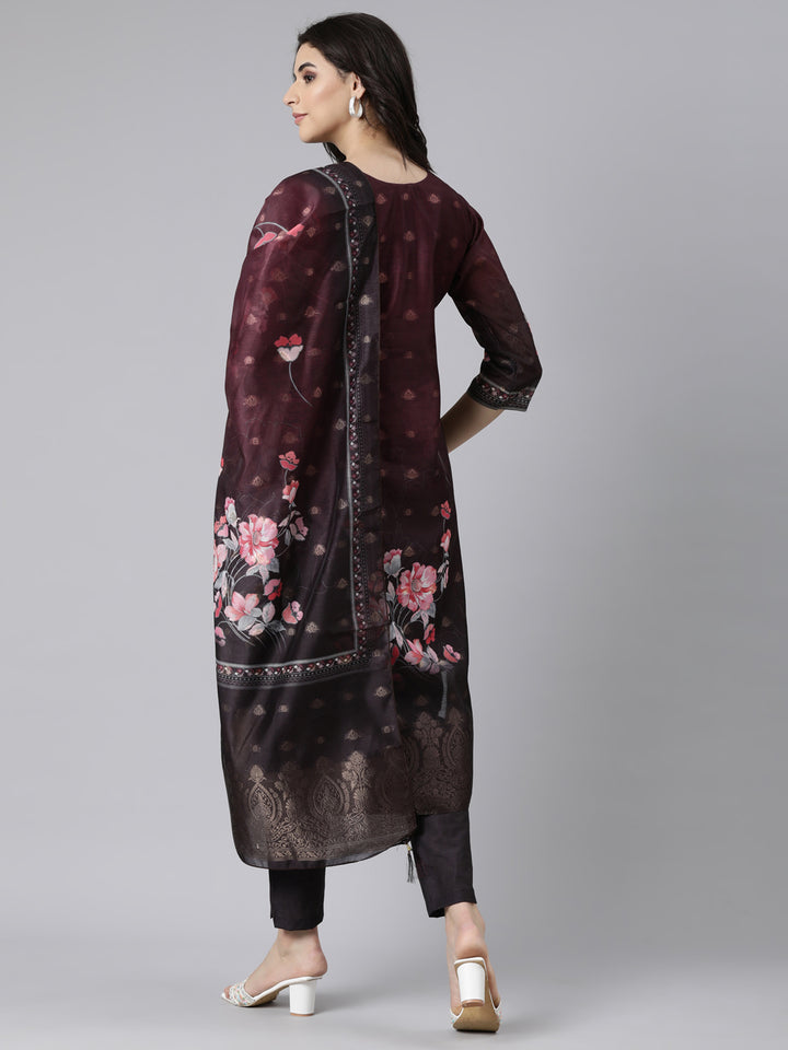 Neerus Purple Regular Straight Floral Kurta And  Trousers With Dupatta