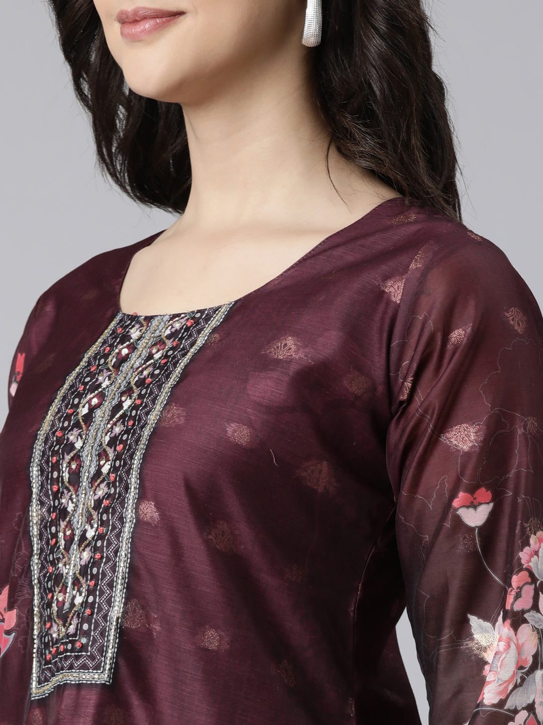 Neerus Purple Regular Straight Floral Kurta And  Trousers With Dupatta