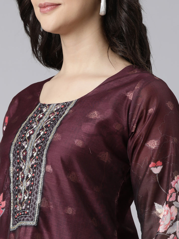 Neerus Purple Regular Straight Floral Kurta And  Trousers With Dupatta