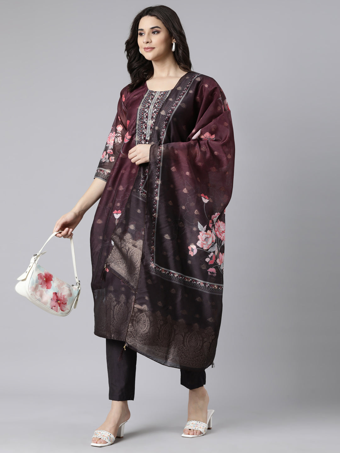 Neerus Purple Regular Straight Floral Kurta And  Trousers With Dupatta