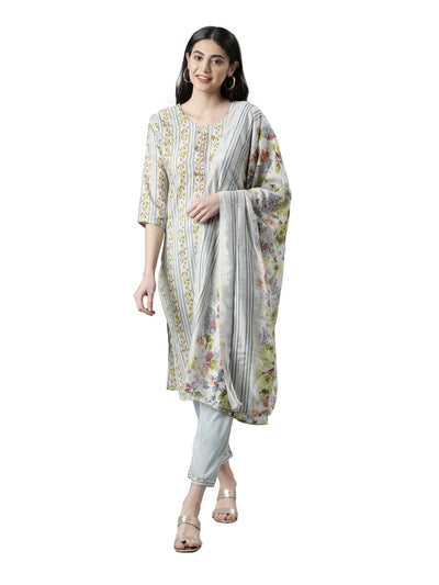 Neerus Women Floral Printed Mirror Work Kurta with Trousers Dupatta