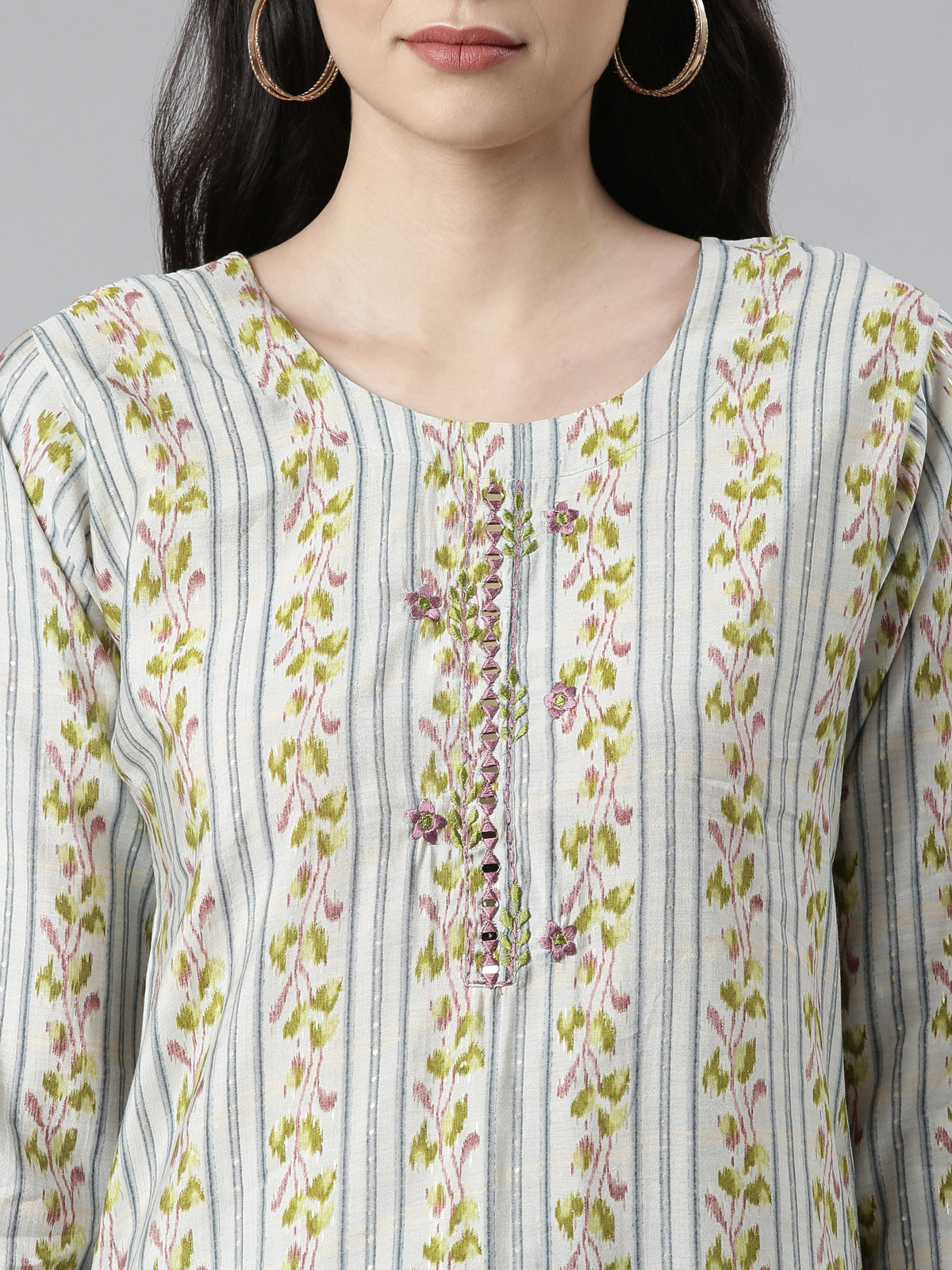 Neerus Women Floral Printed Mirror Work Kurta with Trousers Dupatta