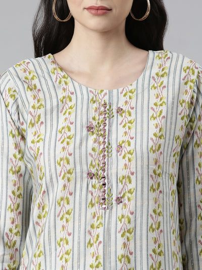 Neerus Women Floral Printed Mirror Work Kurta with Trousers Dupatta