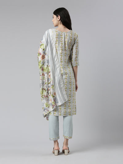 Neerus Women Floral Printed Mirror Work Kurta with Trousers Dupatta