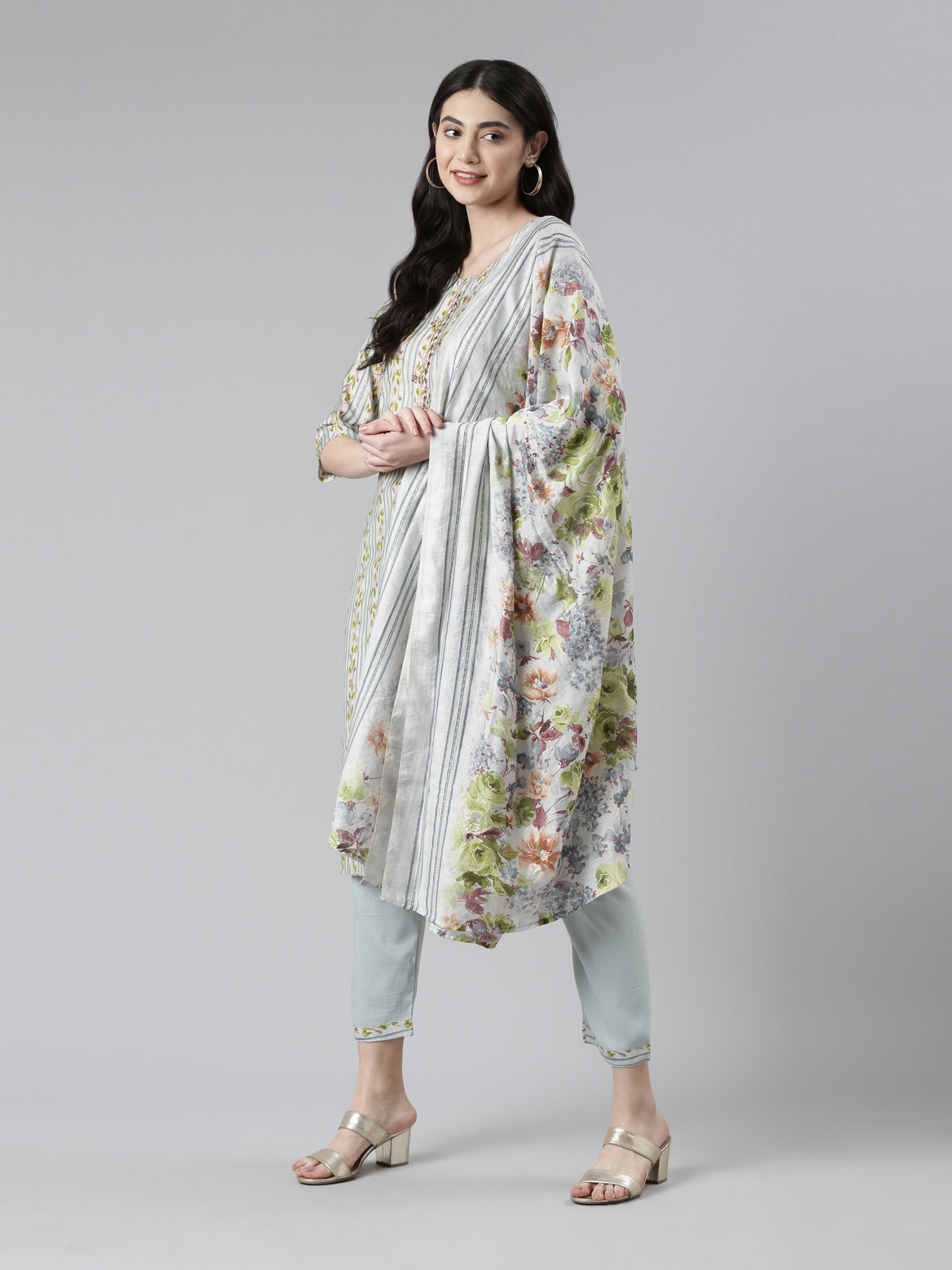 Neerus Women Floral Printed Mirror Work Kurta with Trousers Dupatta