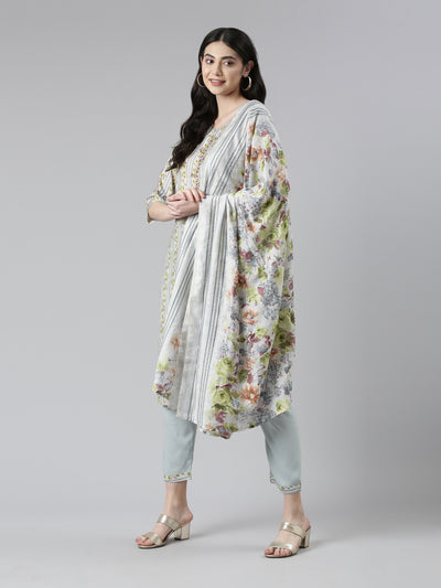 Neerus Women Floral Printed Mirror Work Kurta with Trousers Dupatta