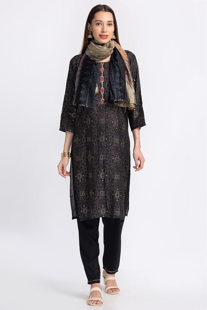 Neerus Black Color Rayon Fabric Readymade Suits