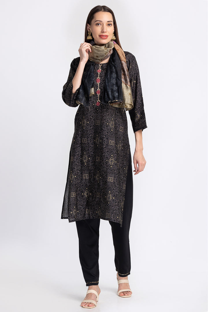 Neerus Black Color Rayon Fabric Readymade Suits