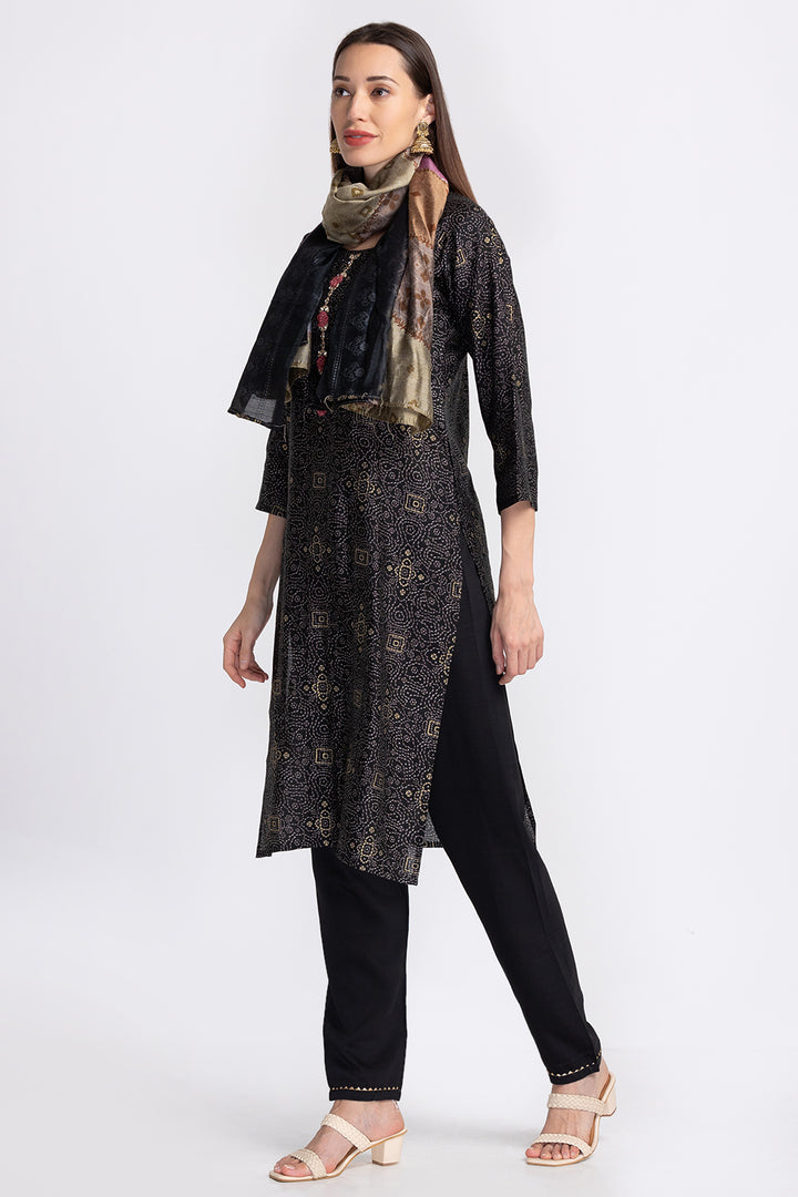 Neerus Black Color Rayon Fabric Readymade Suits