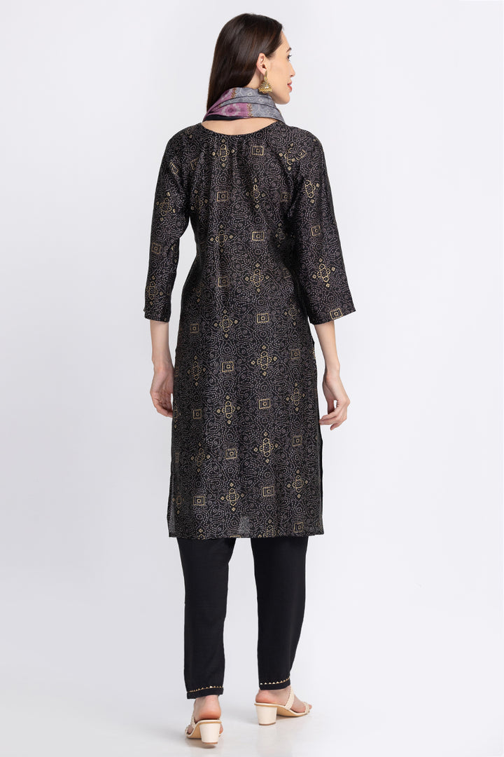 Neerus Black Color Rayon Fabric Readymade Suits