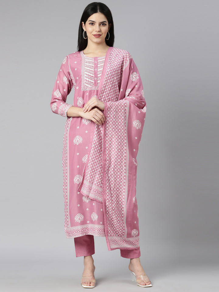 Neerus Pink printed floral kurta set with trouser and dupatta - front view