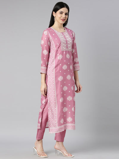 Neerus Pink Regular Straight Floral Kurta And Trousers With Dupatta